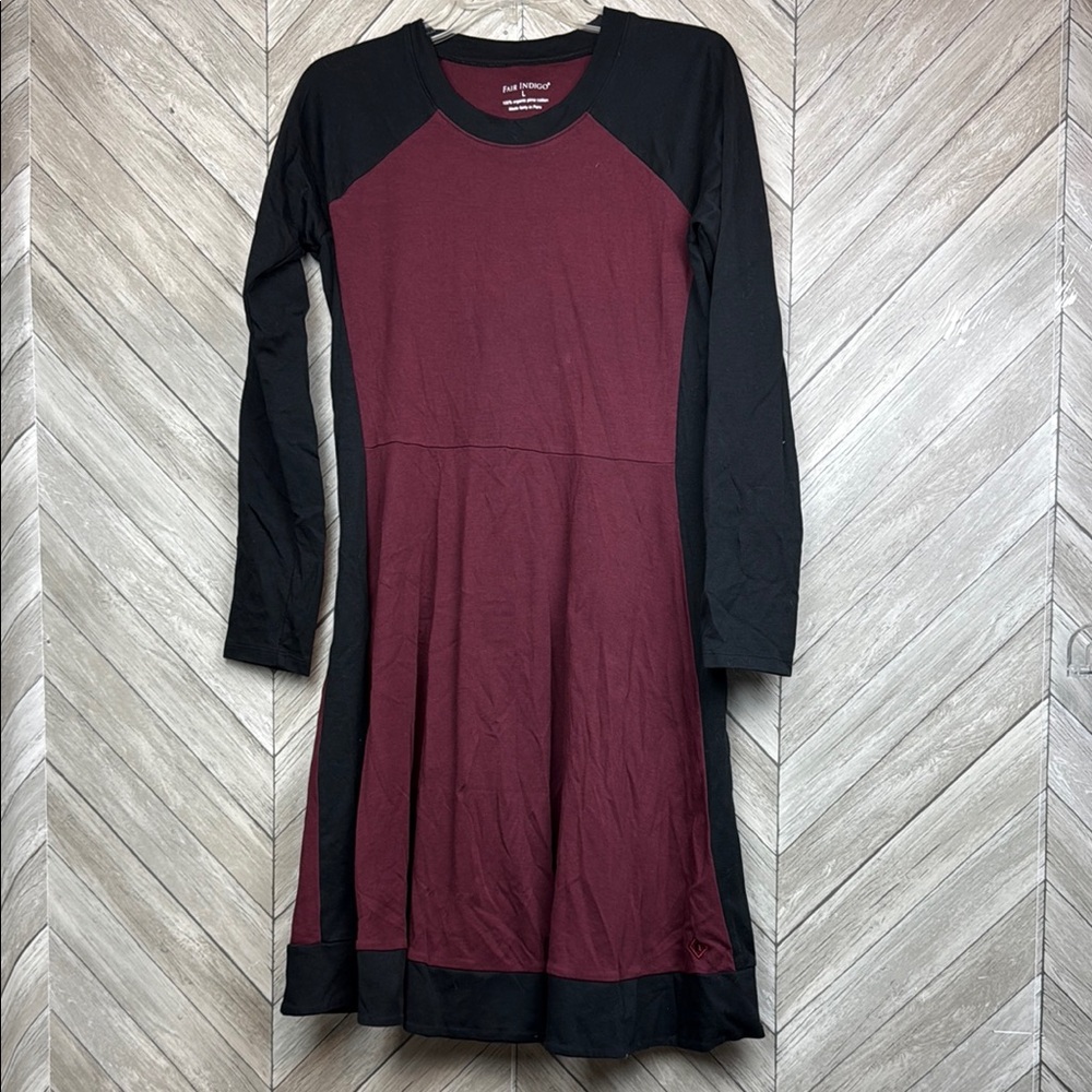 Fair Indigo Womens Dress L Burgundy Black Organic Pima Cotton Knit Long Sleeve